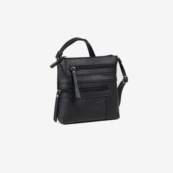 Bandolera pequeña para mujer, color negro, Serie minibags esmeralda. 20x21x05 cm