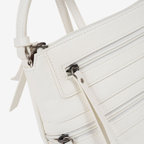 Bandolera pequeña para mujer, color blanco, Serie minibags esmeralda. 20x21x05 cm