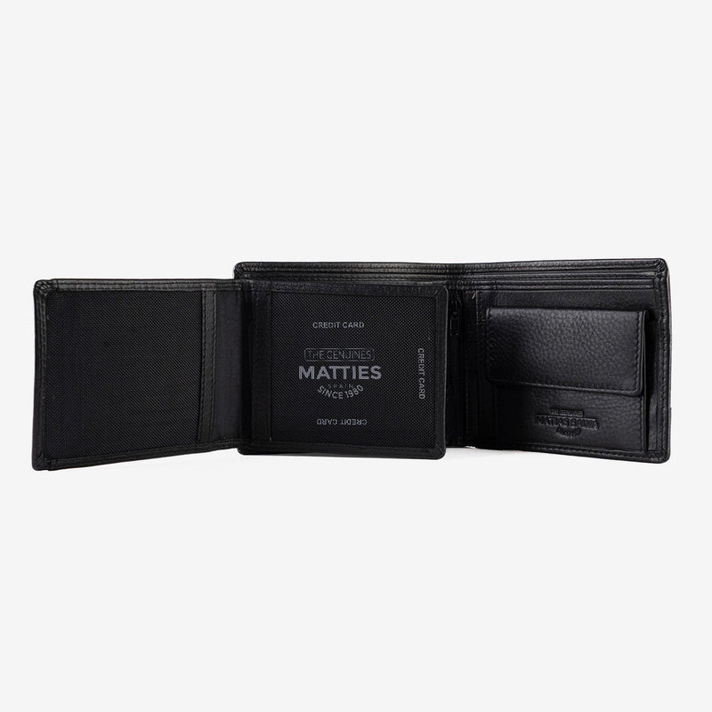 Leather wallet for men, black color, engraved series. 11x9 cm