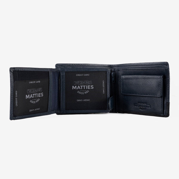 Leather wallet for men, blue color, engraved series. 11x9 cm