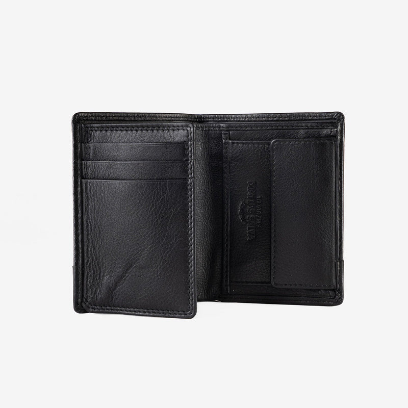 Leather wallet for men, black color, engraved series. 8x11 cm