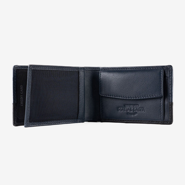 Leather wallet for men, blue color, engraved series. 10.5x6.5 cm