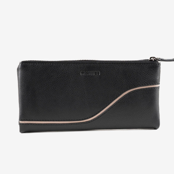 Leather wallet for women, black color, Line leather series. 19.5x10 cm