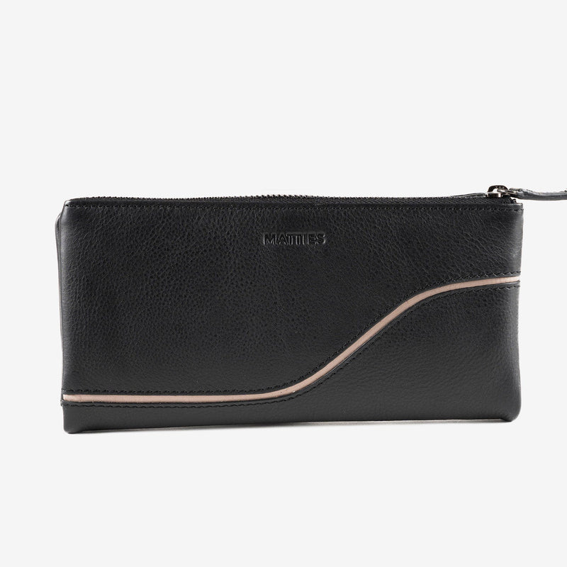 Billetero de piel para mujer, color negro, Serie line leather. 19.5x10 cm