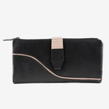 Leather wallet for women, black color, Line leather series. 19.5x10 cm