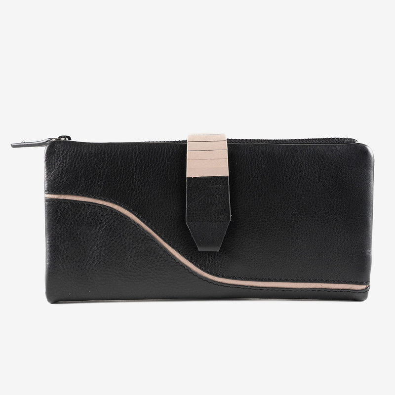 Billetero de piel para mujer, color negro, Serie line leather. 19.5x10 cm