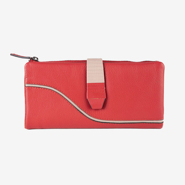 Billetero de piel para mujer, color rojo, Serie line leather. 19.5x10 cm