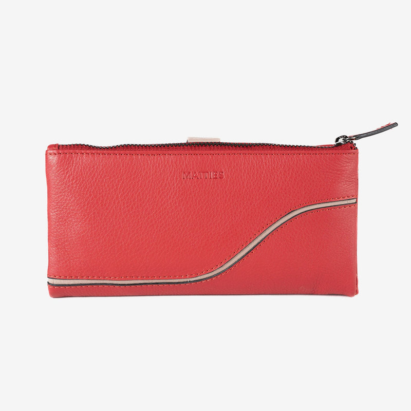 Leather wallet for women, red color, Line leather series. 19.5x10 cm