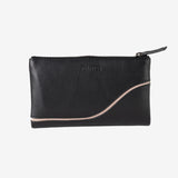 Billetero de piel para mujer, color negro, Serie line leather. 17x10 cm