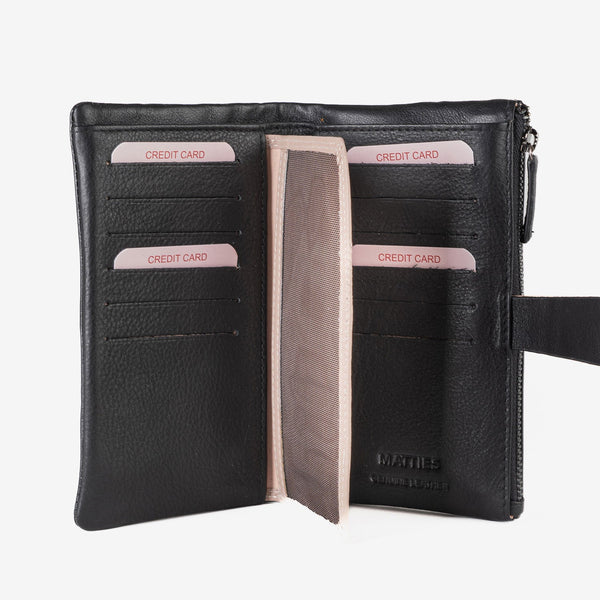 Leather wallet for women, black color, Line leather series. 17x10 cm