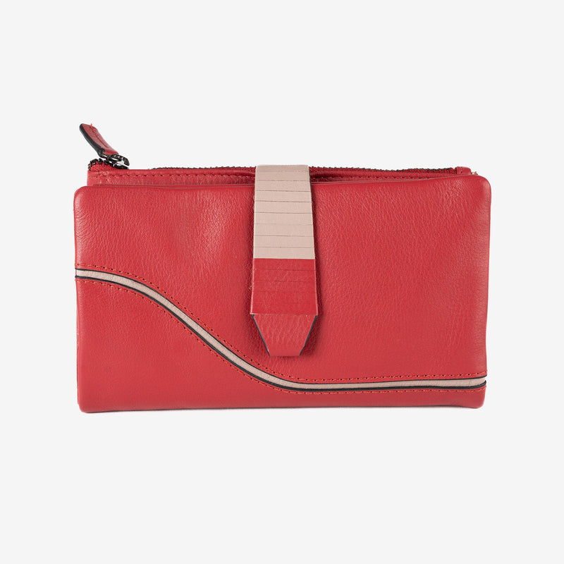 Billetero de piel para mujer, color rojo, Serie line leather. 17x10 cm