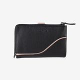 Leather wallet for women, black color, Line leather series. 14.5x09 cm