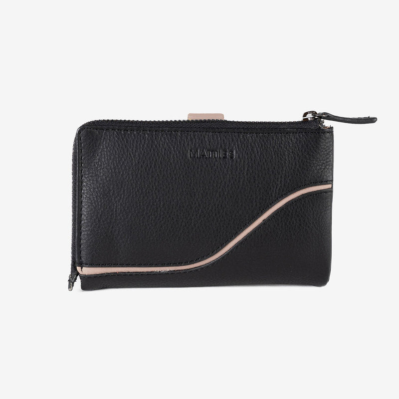 Billetero de piel para mujer, color negro, Serie line leather. 14.5x09 cm