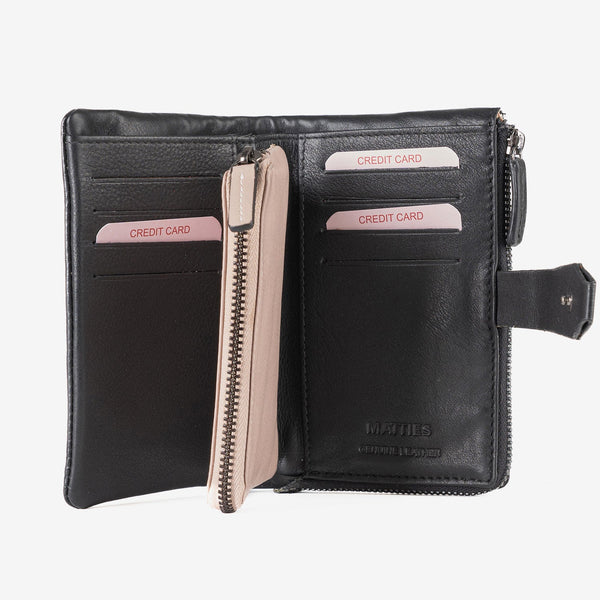 Leather wallet for women, black color, Line leather series. 14.5x09 cm