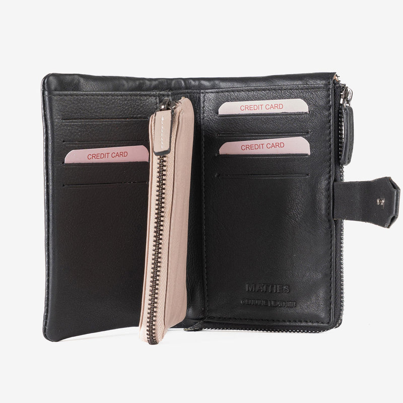 Billetero de piel para mujer, color negro, Serie line leather. 14.5x09 cm