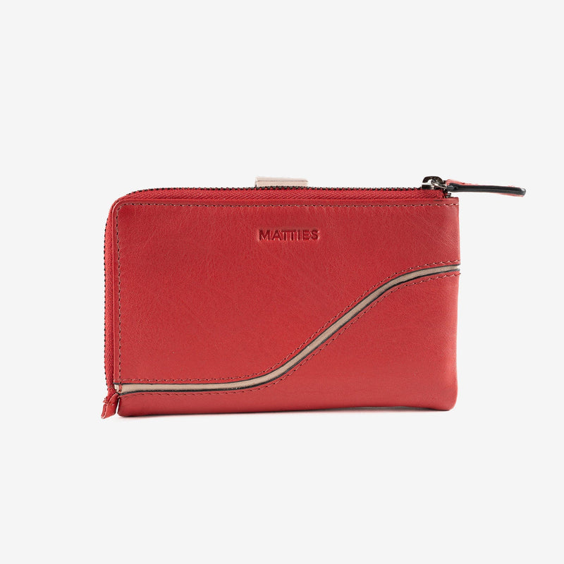 Billetero de piel para mujer, color rojo, Serie line leather. 14.5x09 cm