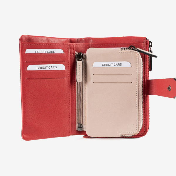 Billetero de piel para mujer, color rojo, Serie line leather. 14.5x09 cm