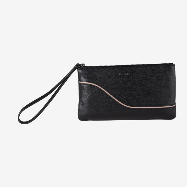 Monedero de piel para mujer, color negro, Serie line leather. 19.5x10.5 cm