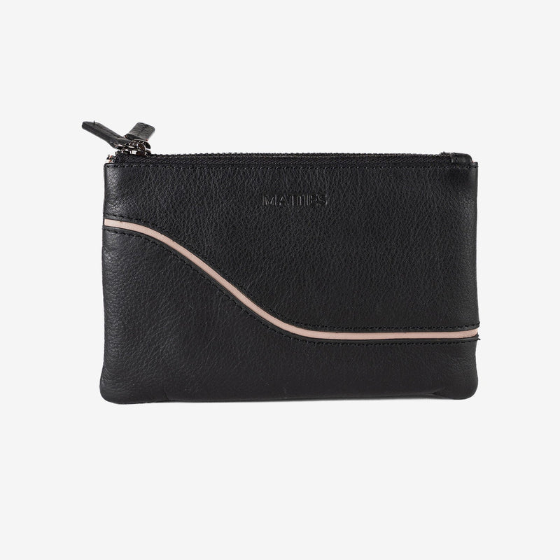 Leather wallet for women, black color, Line leather series. 16x10 cm