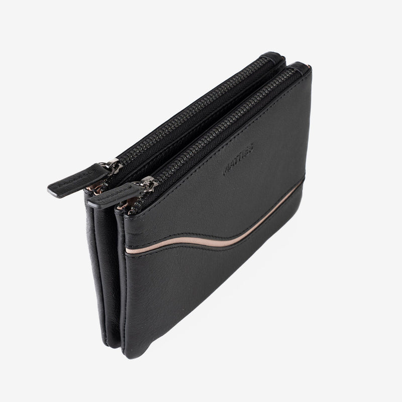 Leather wallet for women, black color, Line leather series. 16x10 cm