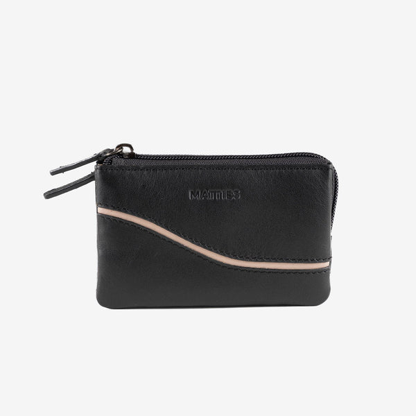 Monedero de piel para mujer, color negro, Serie line leather. 12x07 cm