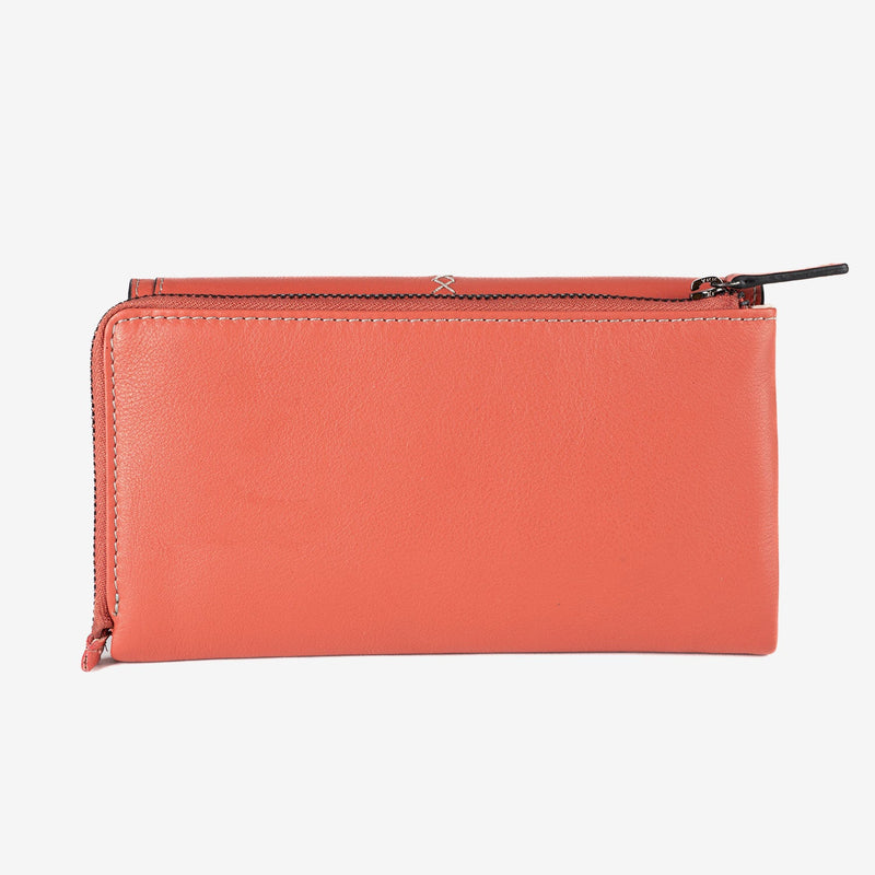 Leather wallet for women, pink color, Stitch leather series. 19x10 cm