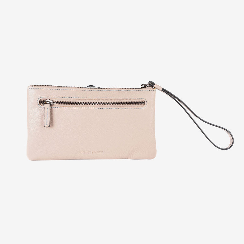 Monedero de piel para mujer, color beig, Serie stitch leather. 19.5x10.5 cm