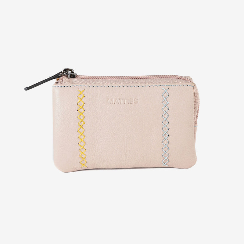 Leather wallet for women, beige color, Stitch leather series. 12x07 cm