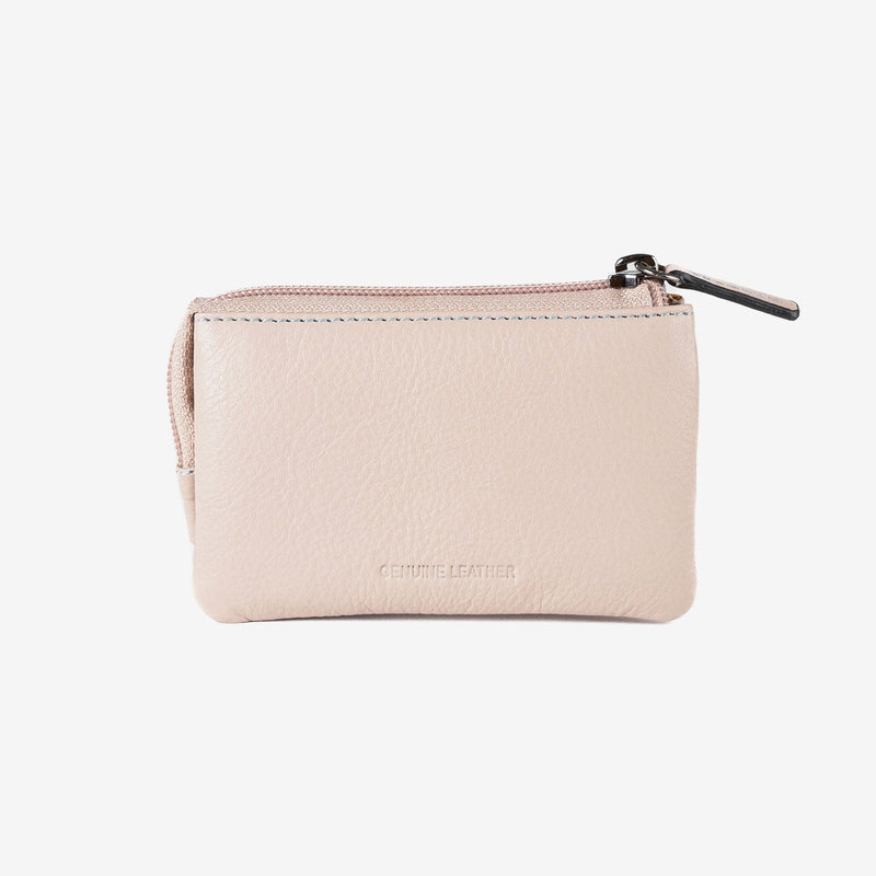 Monedero de piel para mujer, color beig, Serie stitch leather. 12x07 cm