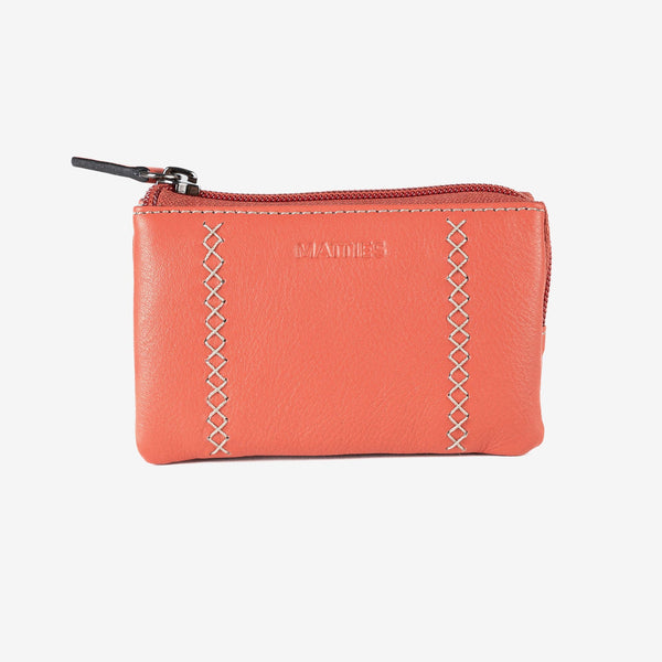 Monedero de piel para mujer, color rosa, Serie stitch leather. 12x07 cm