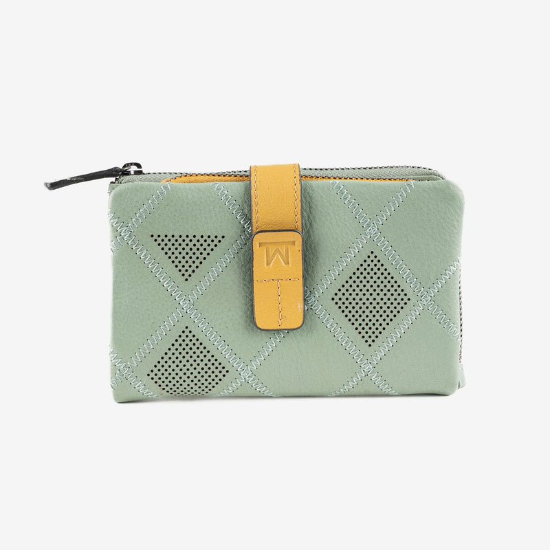 Billetero de piel para mujer, color verde, Serie laser leather. 14.5x10.5 cm