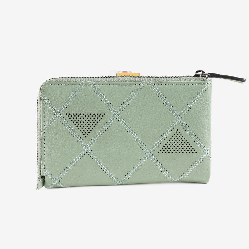 Billetero de piel para mujer, color verde, Serie laser leather. 14.5x10.5 cm