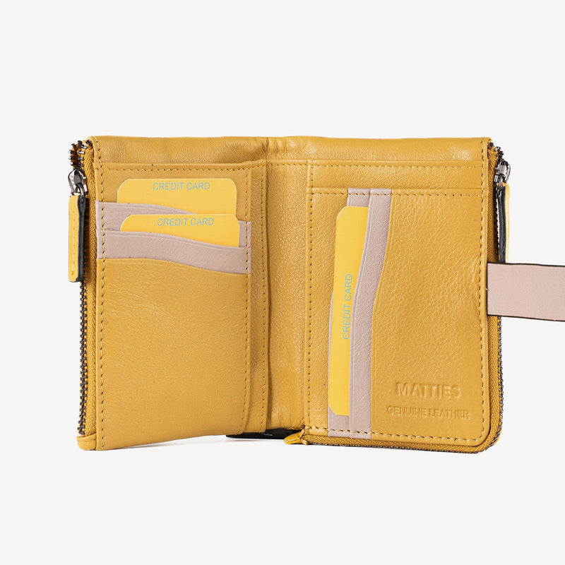 Leather wallet for women, mustard color, Laser leather series. 12.5x09 cm