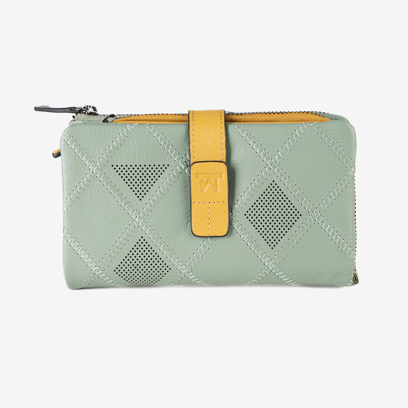 Billetero de piel para mujer, color verde, Serie laser leather. 16.5x9.5 cm