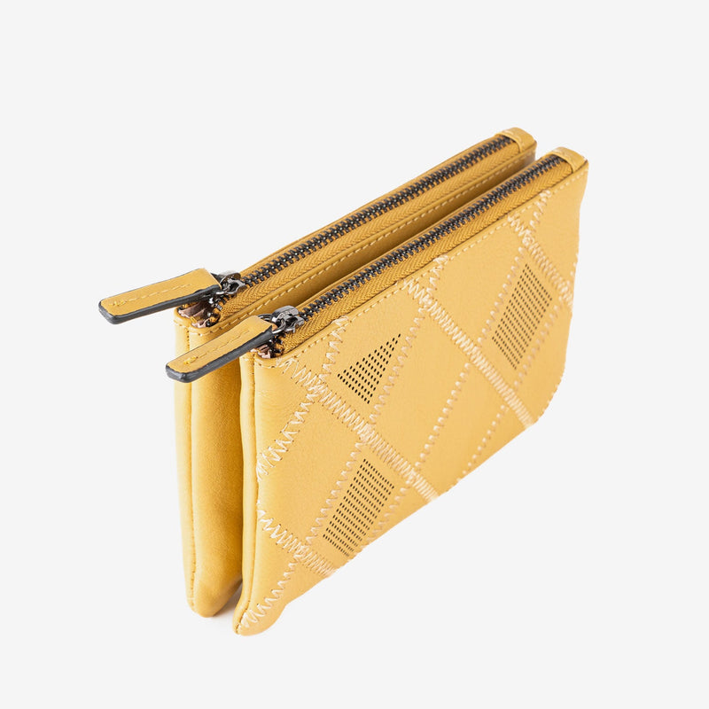 Leather wallet for women, mustard color, Laser leather series. 16x10 cm