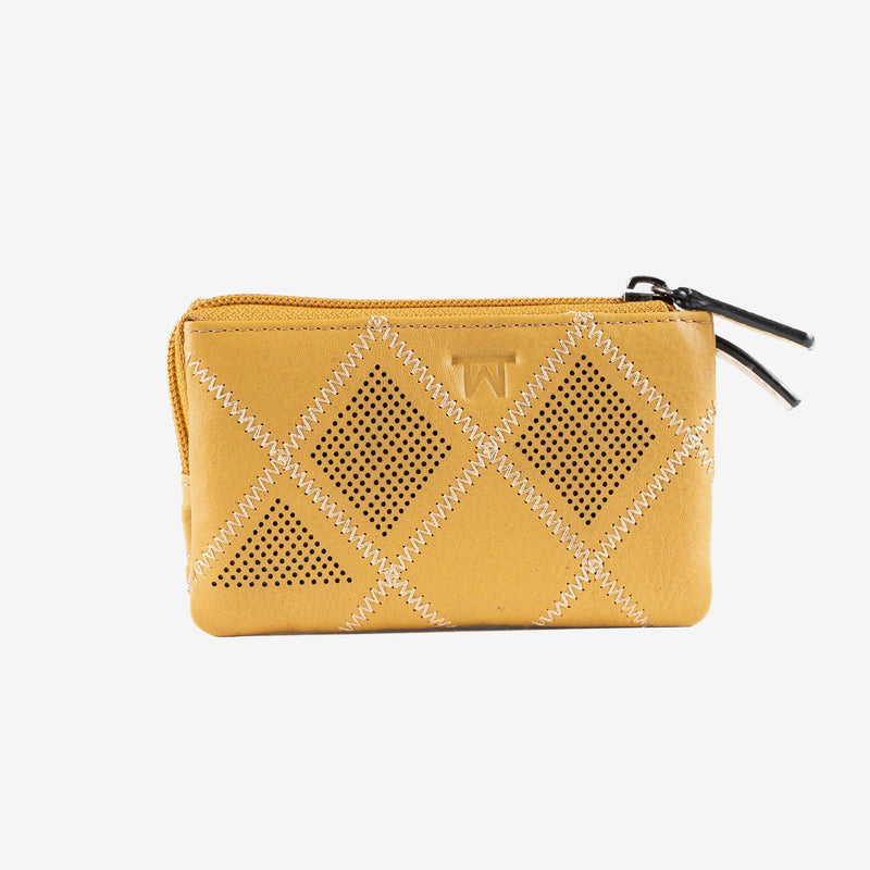 Leather wallet for women, mustard color, Laser leather series. 12x07 cm