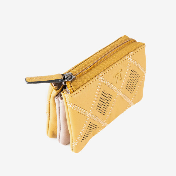 Leather wallet for women, mustard color, Laser leather series. 12x07 cm