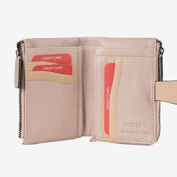 Leather wallet for women, beige color, Strap leather series. 12x09 cm