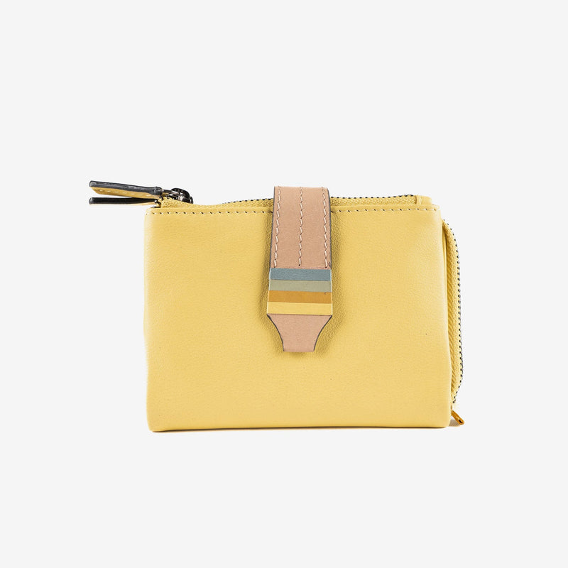 Leather wallet for women, yellow color, Strap leather series. 12x09 cm