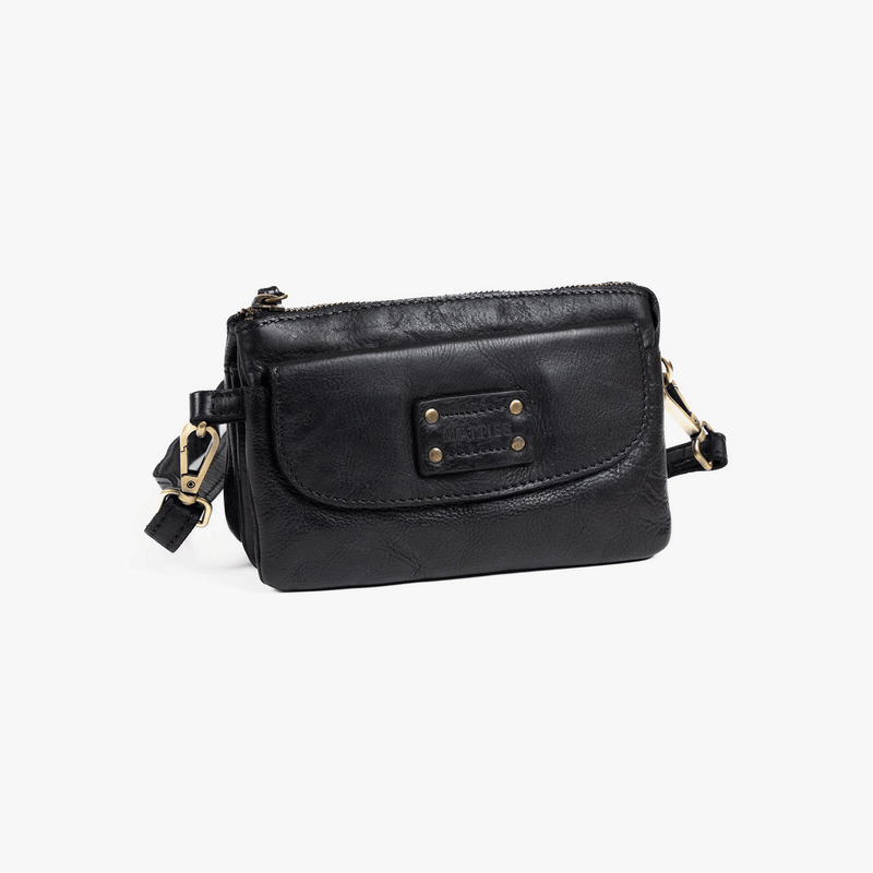 BOLSO PIEL LAVADA PARA MUJER, COLOR NEGRO. 18x11.5x04 CM