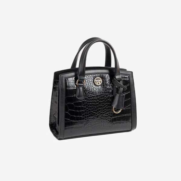 WOMEN'S HANDBAG WITH CROSSBODY BAG, BLACK COLOR, CROCO SERIES. 26x21x11cm