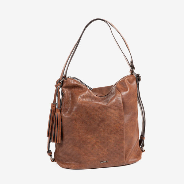 SHOULDER BAG CONVERTIBLE INTO BACKPACK, LEATHER COLOR, BEECH SERIES. 29.5x31x12cm