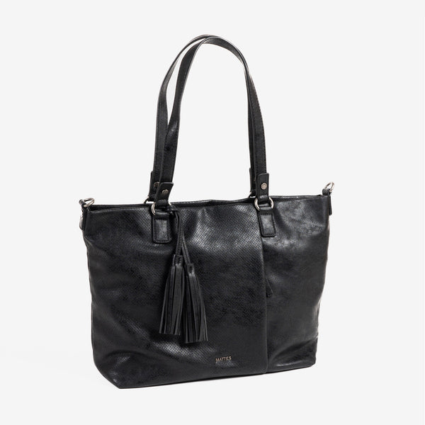 SHOPPER BAG WITH ZIPPER, BLACK COLOR, BEECH SERIES. 32x27x12cm