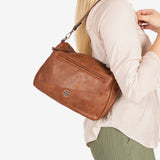 SHOULDER BAG WITH STRAP, LEATHER COLOR, FRESNO SERIES. 27x18x10 cm