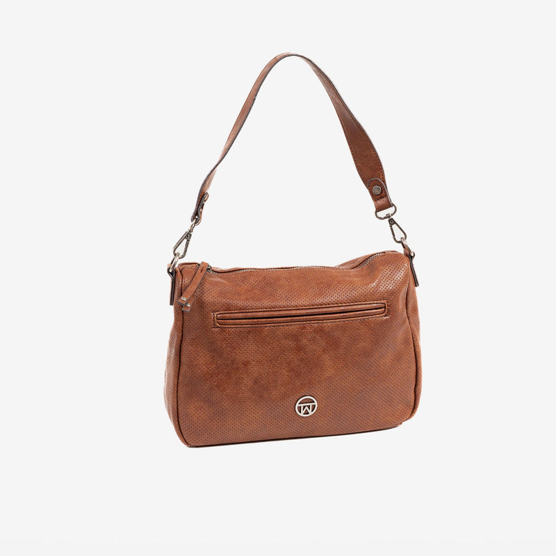 SHOULDER BAG WITH STRAP, LEATHER COLOR, FRESNO SERIES. 27x18x10 cm