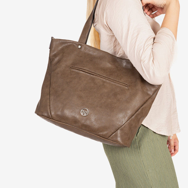 BOLSO SHOPPER CON CREMALLERA, COLOR CAQUI, SERIE FRESNO. 33x28x13.5 cm