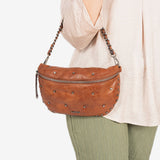 WOMEN'S CROSSBODY BAG, LEATHER COLOR, RIVETS SERIES. 26x14 cm