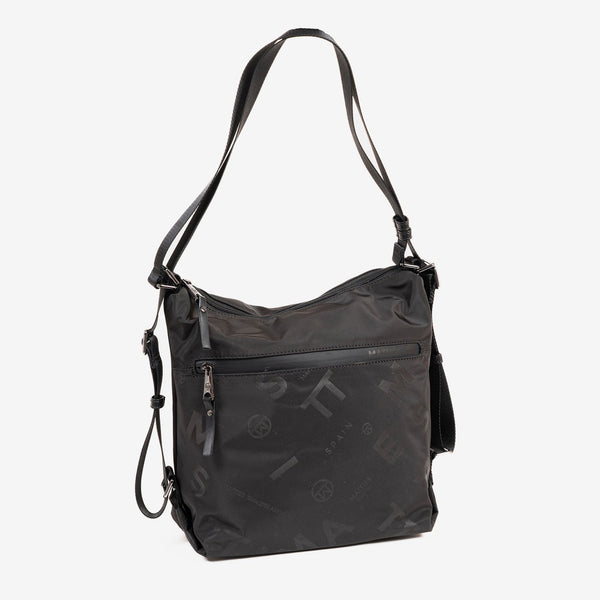 BOLSO DE HOMBRO CONVERTIBLE EN MOCHILA, COLOR NEGRO, SERIE ALISO. 27x26x13 cm