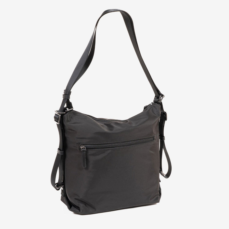 BOLSO DE HOMBRO CONVERTIBLE EN MOCHILA, COLOR NEGRO, SERIE ALISO. 27x26x13 cm