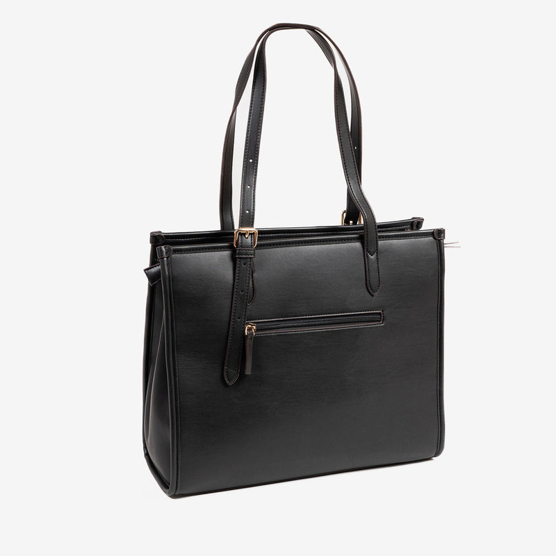 BOLSO SHOPPER CON CREMALLERA, COLOR NEGRO, SERIE ACACIA. 35x30x13 cm